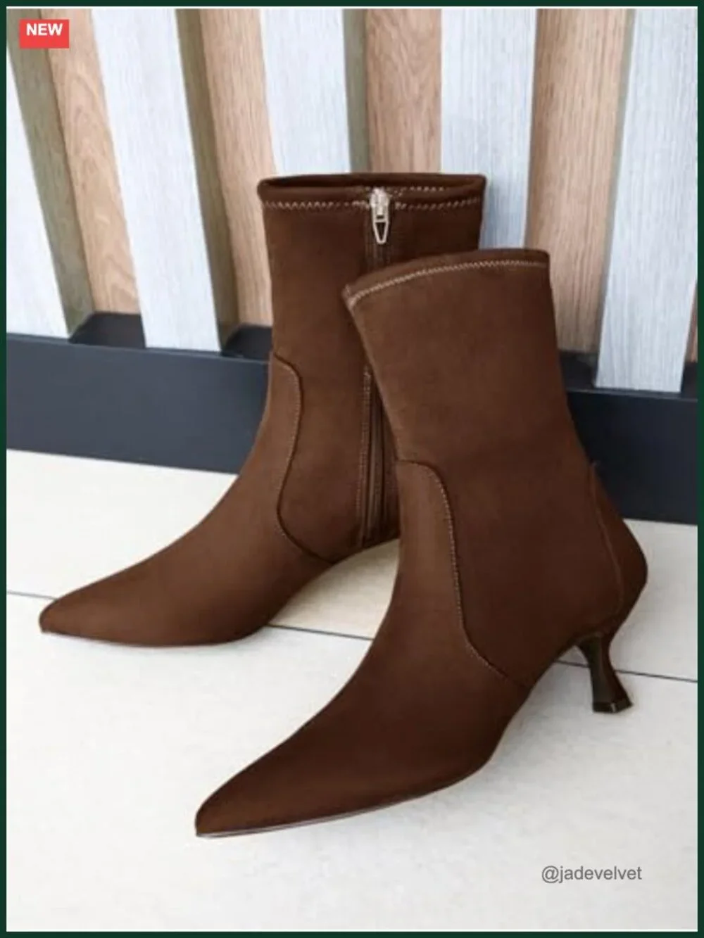 Faux Suede Kitten Heel Ankle Boots Pointed Toe Side Zip